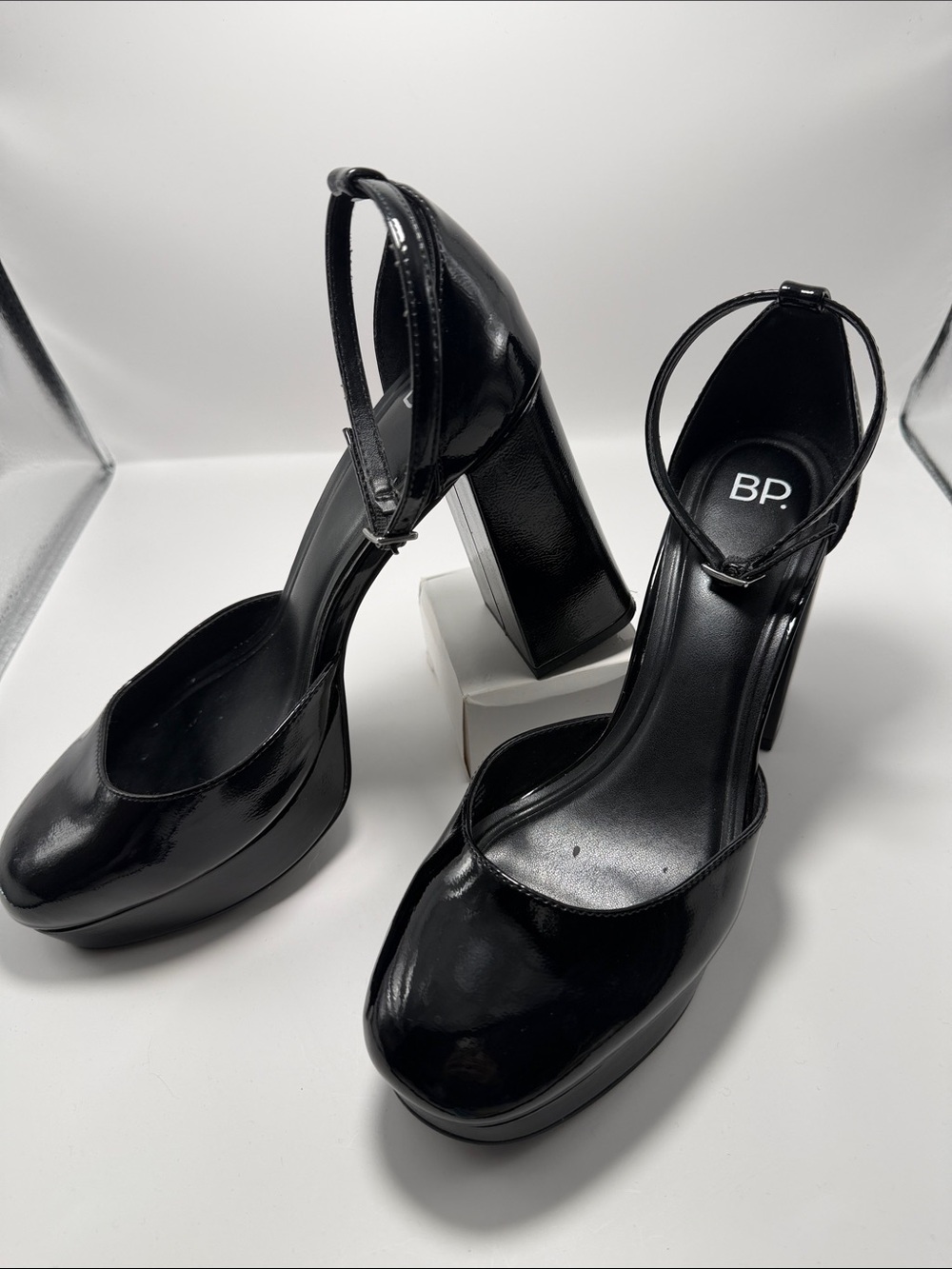 bp Black Patent Platform Block Heels with Ankle Strap